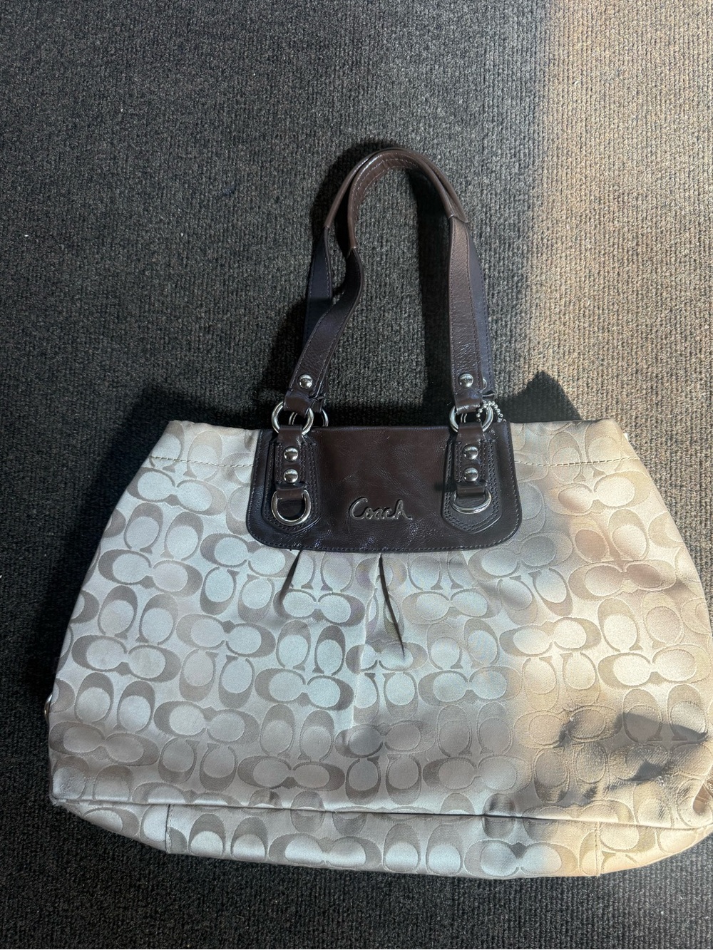 Coach Neutral Signature Tote with Dark Brown Leather Trim